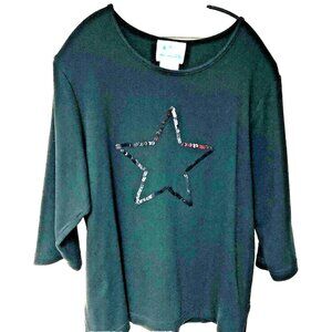 Quacker Factory Womens Sequin Star T-shirt M Black Casual Athleisure Whimsigoth‎